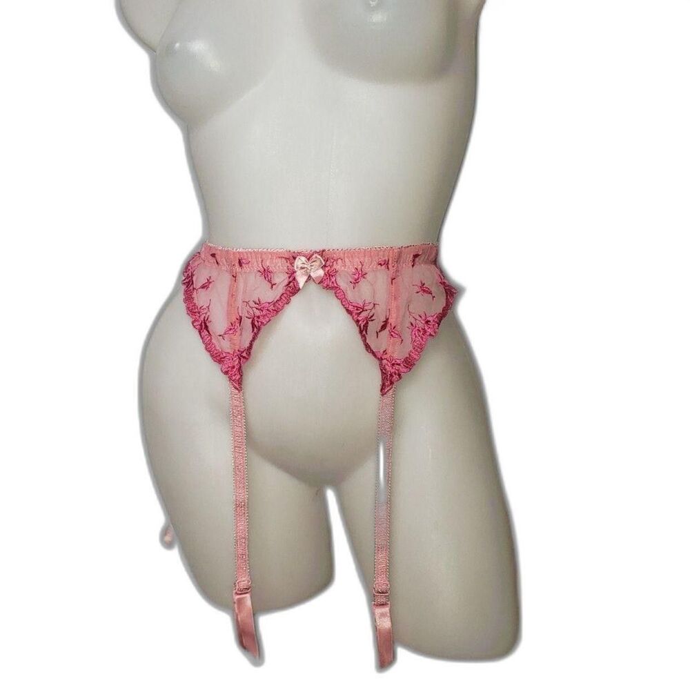 Victoria's Secret Garter Belt Womens Medium Pink Mesh Lace Embroidered Lingerie